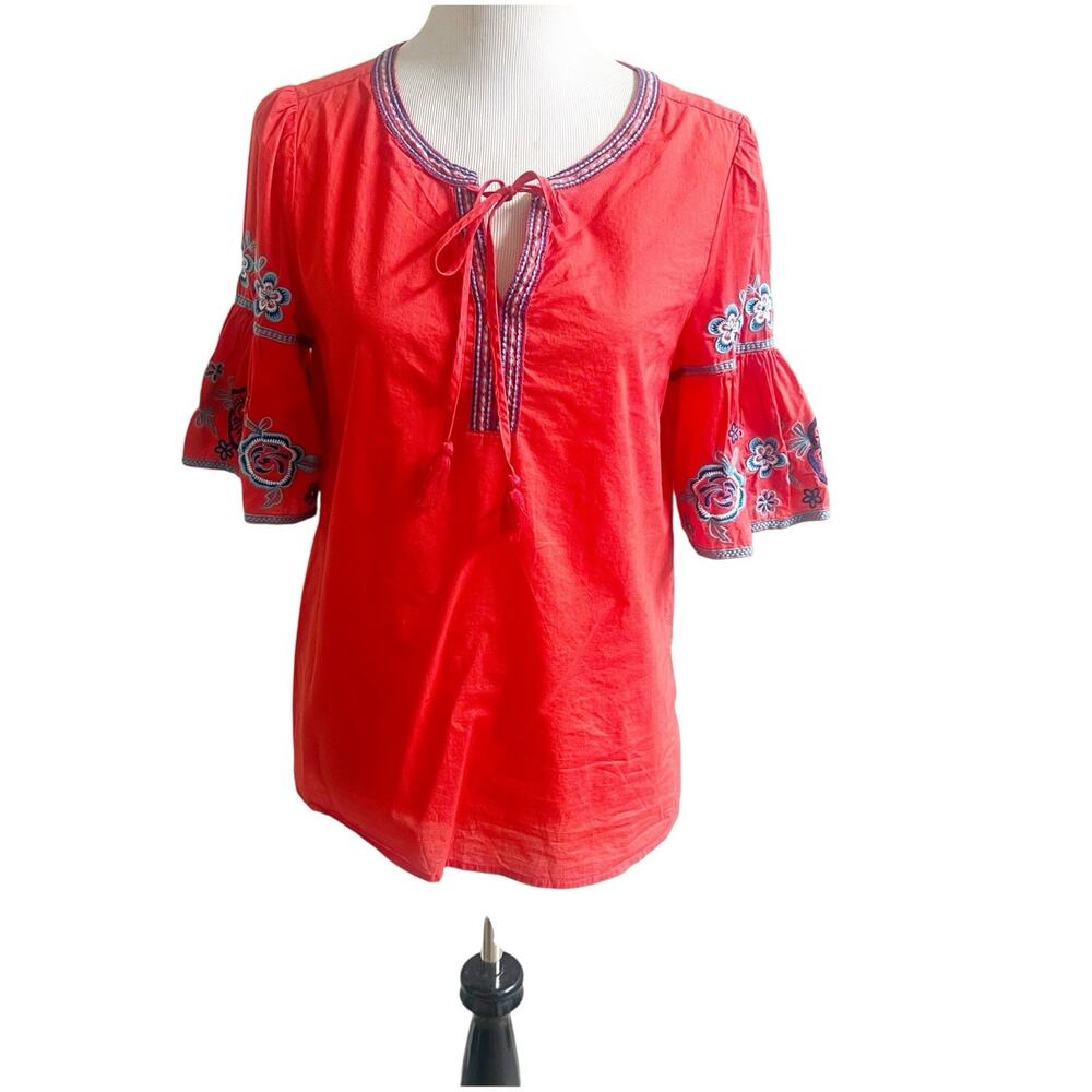 Beach Lunch Lounge Embroidered Bell Sleeve Blouse Size Small Tie Neck Coral Boho